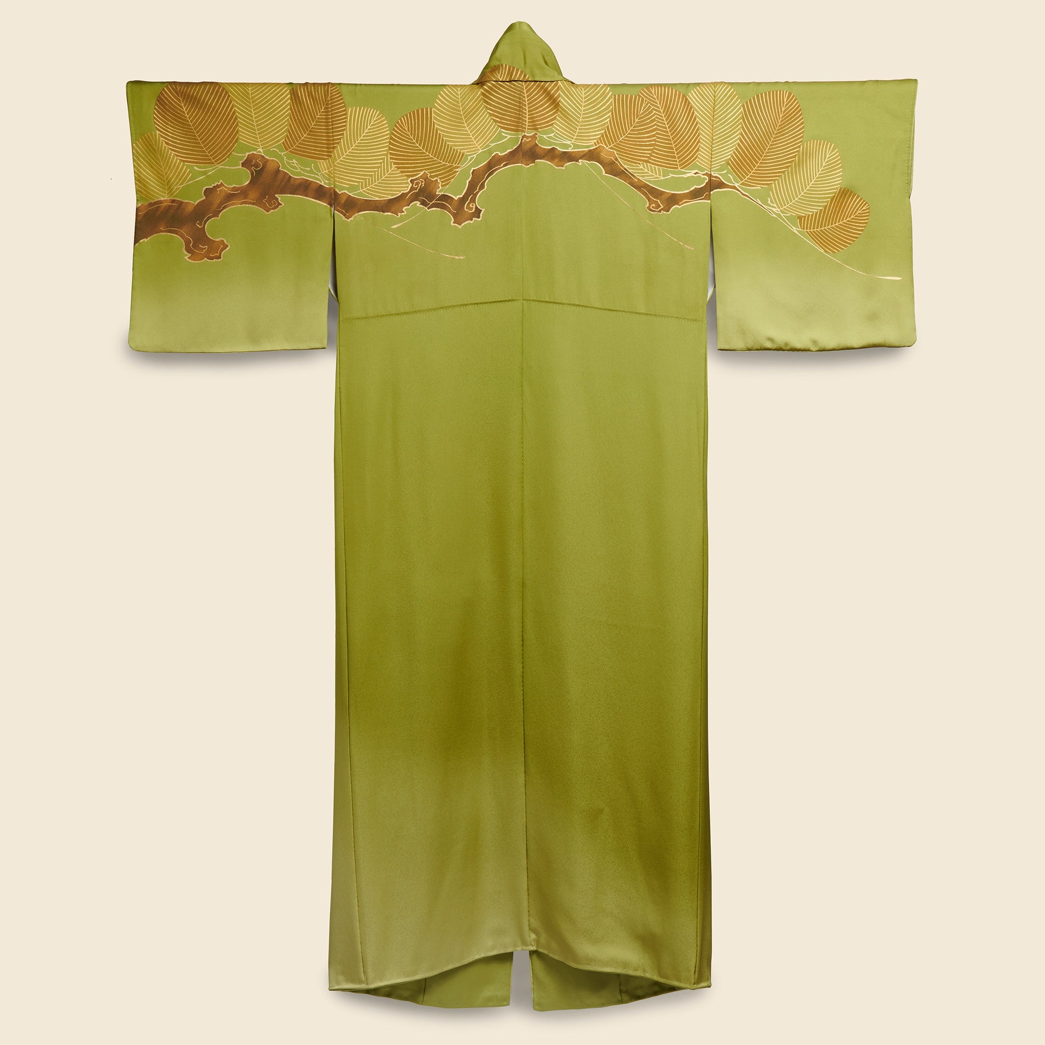 Long Silk Kimono - Green/Gold, Branch & Leaf Motif - Vintage - STAG Provisions - W - One & Done - Apparel