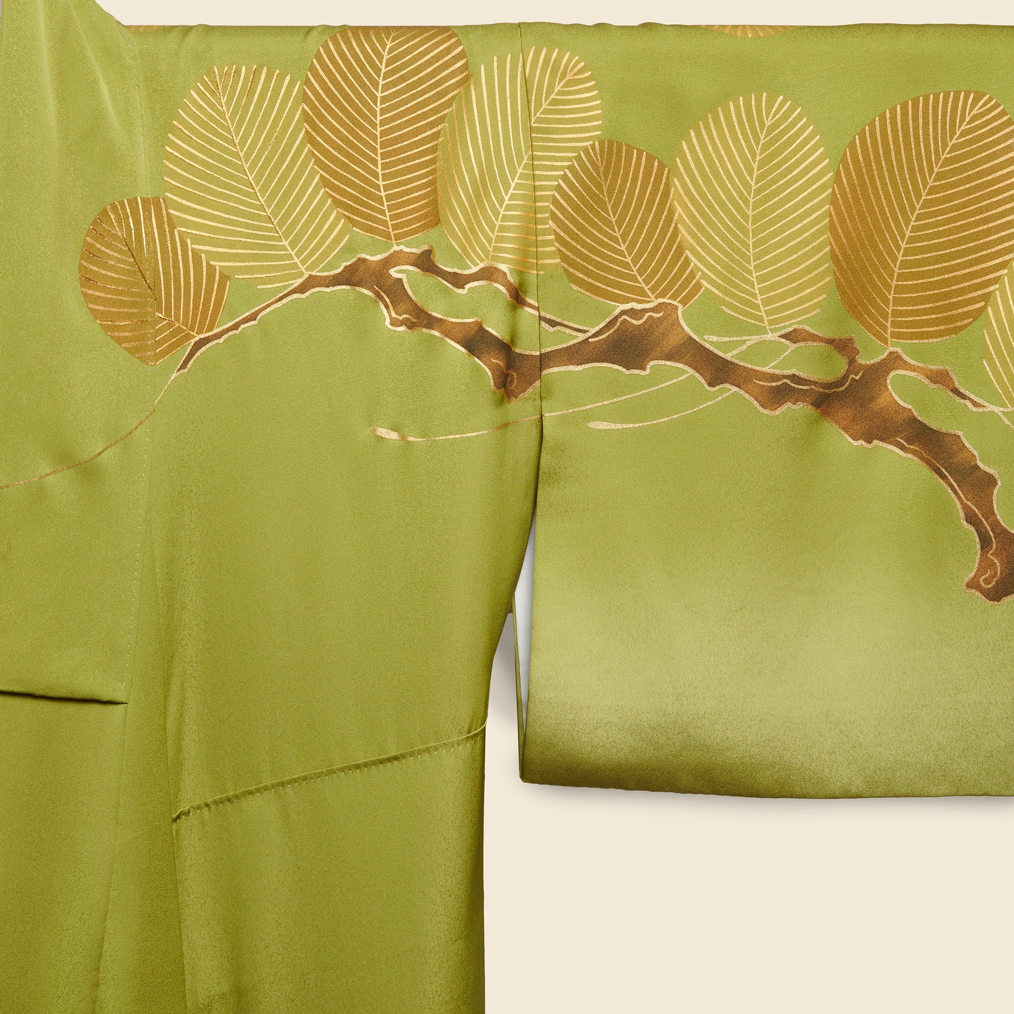 Long Silk Kimono - Green/Gold, Branch & Leaf Motif - Vintage - STAG Provisions - W - One & Done - Apparel